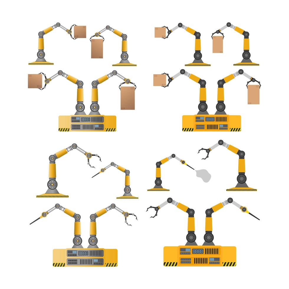 Satz mechanischer Roboter, die Kisten halten. Industrieroboterarm hebt eine Last. moderne Industrietechnik. Geräte für produzierende Unternehmen. isoliert. Vektor. vektor