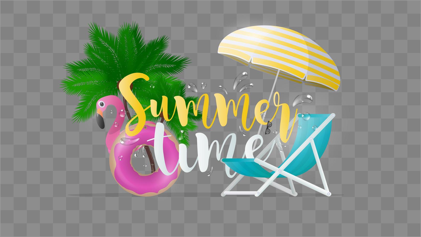 Sommerzeit. Strandkorb und Sonnenschirm mit gelben Streifen. Palmen und rosa Flamingo-Schwimmkreis. schöne inschriften zum thema sommer und erholung. Vektor. vektor