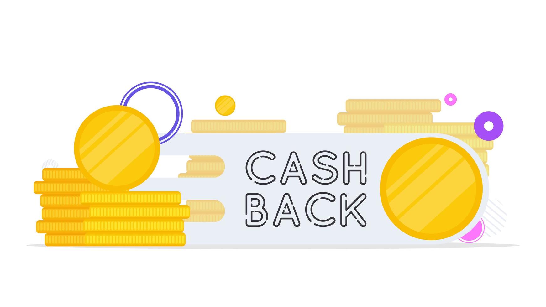 Cashback-Schriftzug isoliert auf weißem Hintergrund. goldene Münzen. Komposition zum Thema Geld zurück und Cashback. Vektor. vektor
