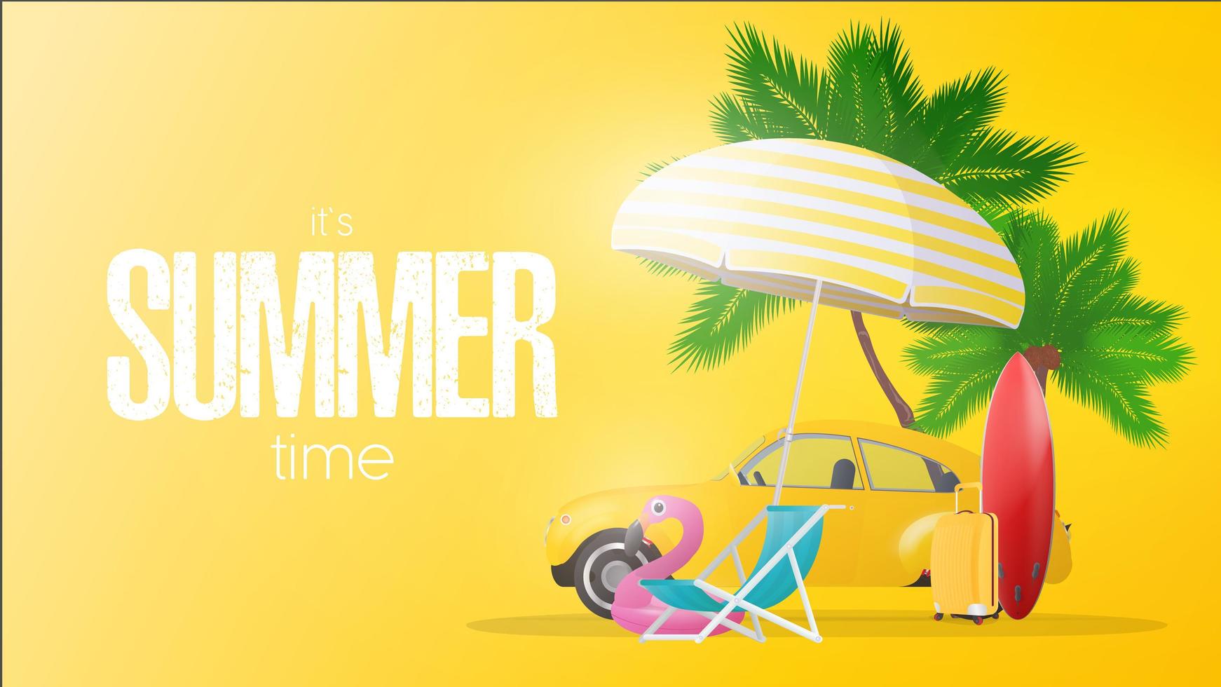 sommartid gul affisch. parasoll, solstol, rosa flamingocirkel, gul resväska, röd surfbräda, palmer och gul bil. vektor