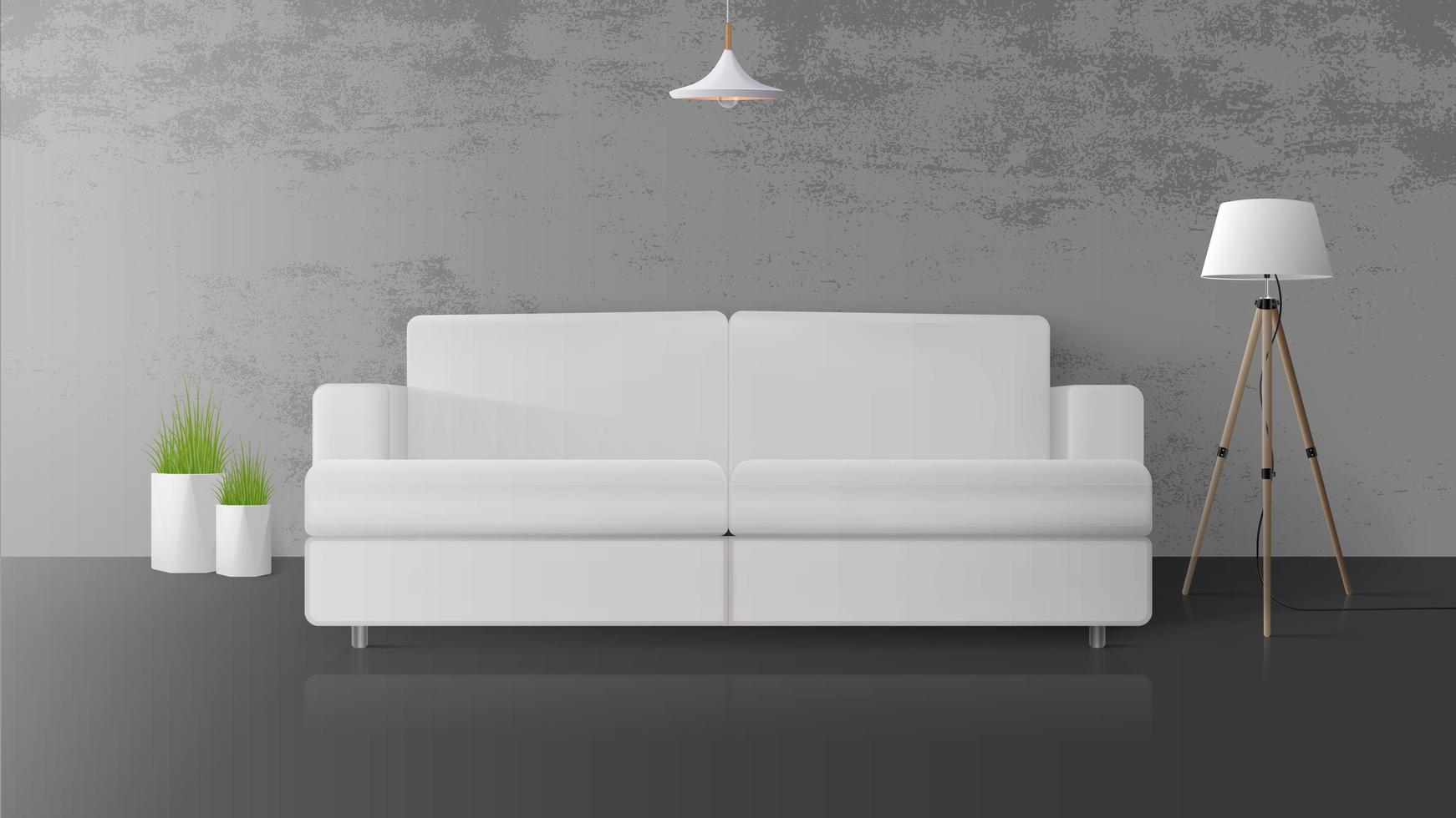 modernes Interieur im Loft-Stil. Zimmer mit Betonwänden. weißes Sofa, Stehlampe mit weißem Lampenschirm, Grastopf. Vektor-Illustration vektor