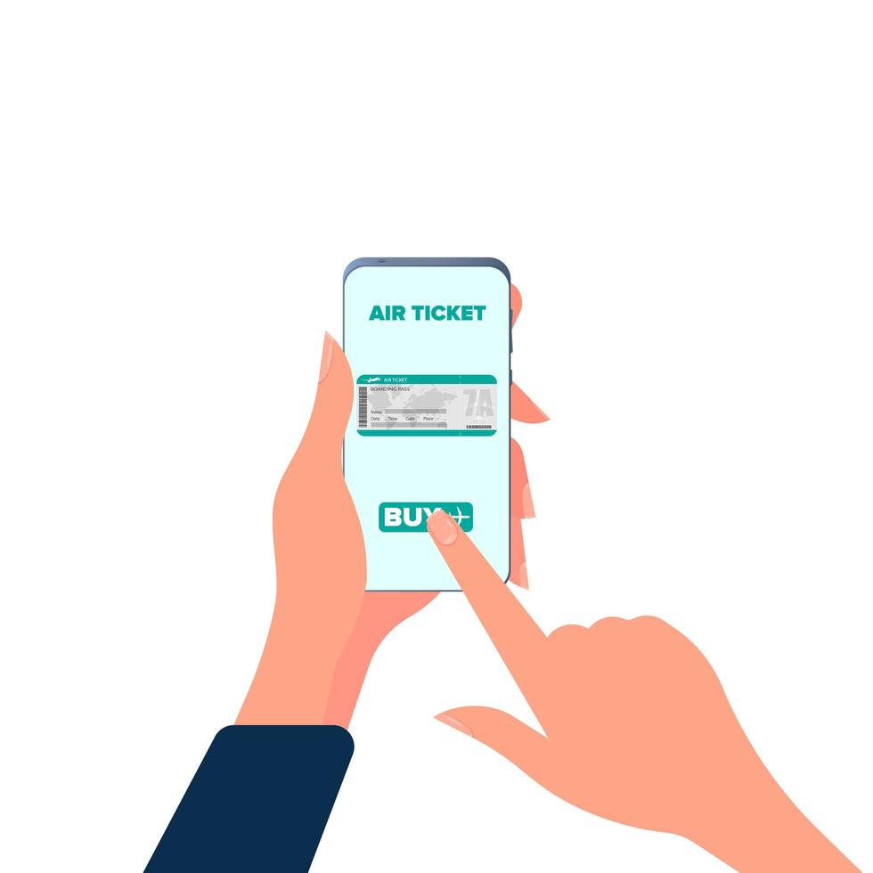 en tjej köper en biljett via telefonen. biljettköp online. händer med en telefon närbild. isolerat. vektor. vektor