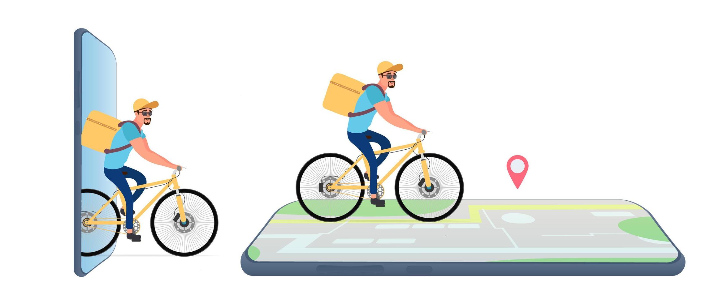 Essenslieferung mit dem Fahrrad. Radfahrer mit einem gelben Rucksack auf einem Fahrrad. Karte mit einer Markierung. Lieferkonzept für Smartphone-Bestellungen. isoliert. Vektor