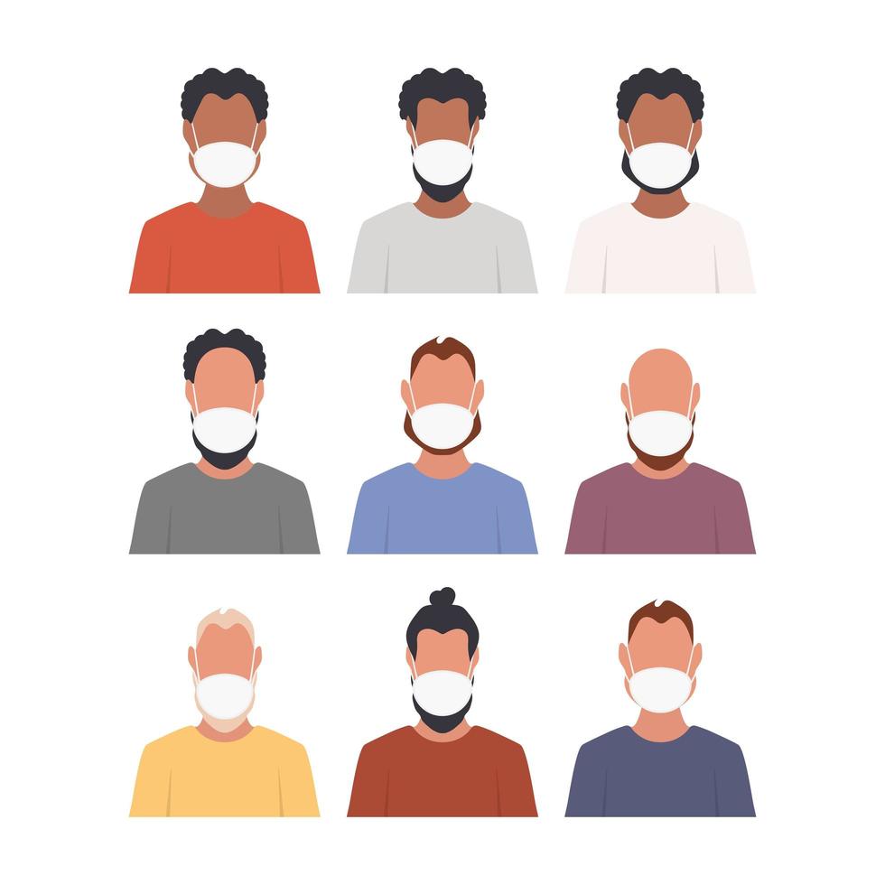 uppsättning avatarer av män i skyddande medicinska masker. pojke ikoner i platt stil. vektor. vektor