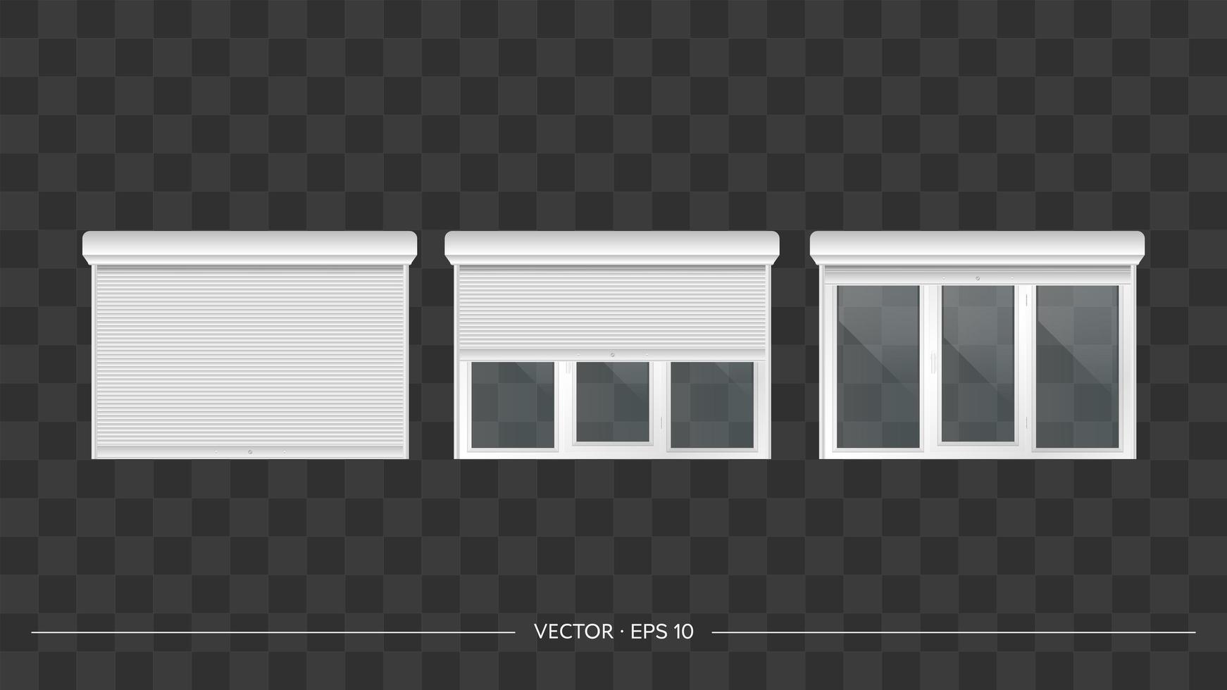 vektor realistisk uppsättning stängda och öppna dörr- eller fönsterrullar. glasdörr eller högt fönster med rulljalusier. vita metallgardiner.