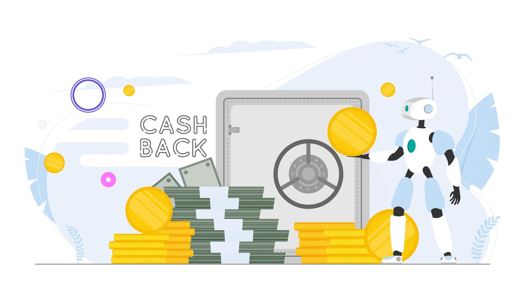 cashback banner. roboten håller pengar. robotassistent med ett guldmynt i händerna. ett berg av pengar. dollar, buntar med pengar, guldmynt. vektor. vektor