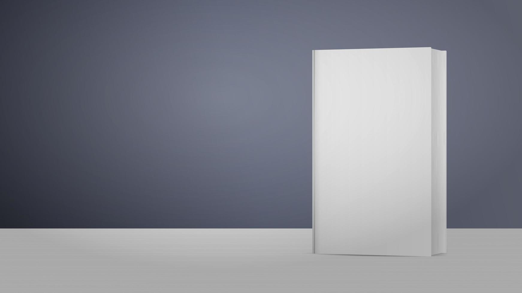 realistisk vit tom bok. vektor. boken står på ett vitt träbord med grå bakgrund. bra för reklamböcker. vektor