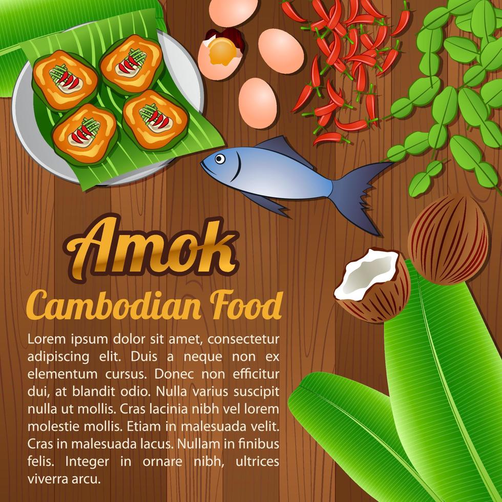asean nationella livsmedelsingredienser element som banner på trä bakgrund, Kambodja vektor