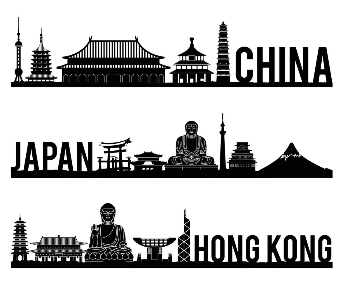 China Japan Hongkong berühmte Wahrzeichen Silhouette Stil mit klassischem Schwarz-Weiß-Farbdesign gehören nach Ländernamen vektor