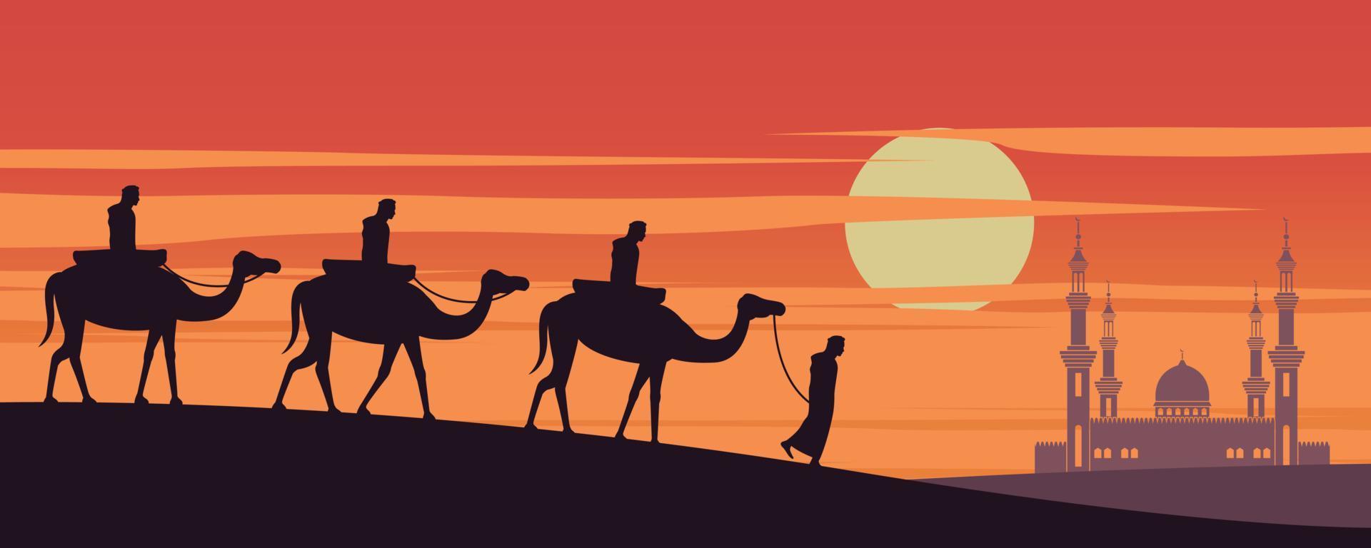 husvagn muslim rider kamel till moskén i Dubai vid solnedgången, traditionen med arabisk, siluettdesign vektor