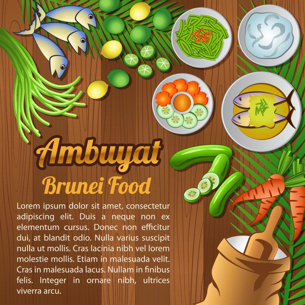 asean nationella livsmedelsingredienser element som banner på trä bakgrund, brunei vektor