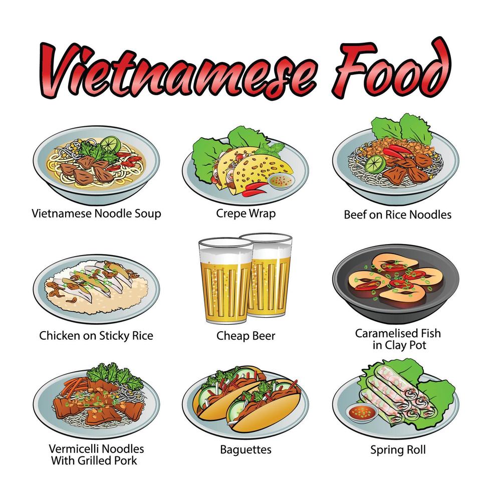 Reihe von köstlichen und berühmten Speisen von Vietnam in farbenfroher Farbverlaufs-Design-Ikone vektor