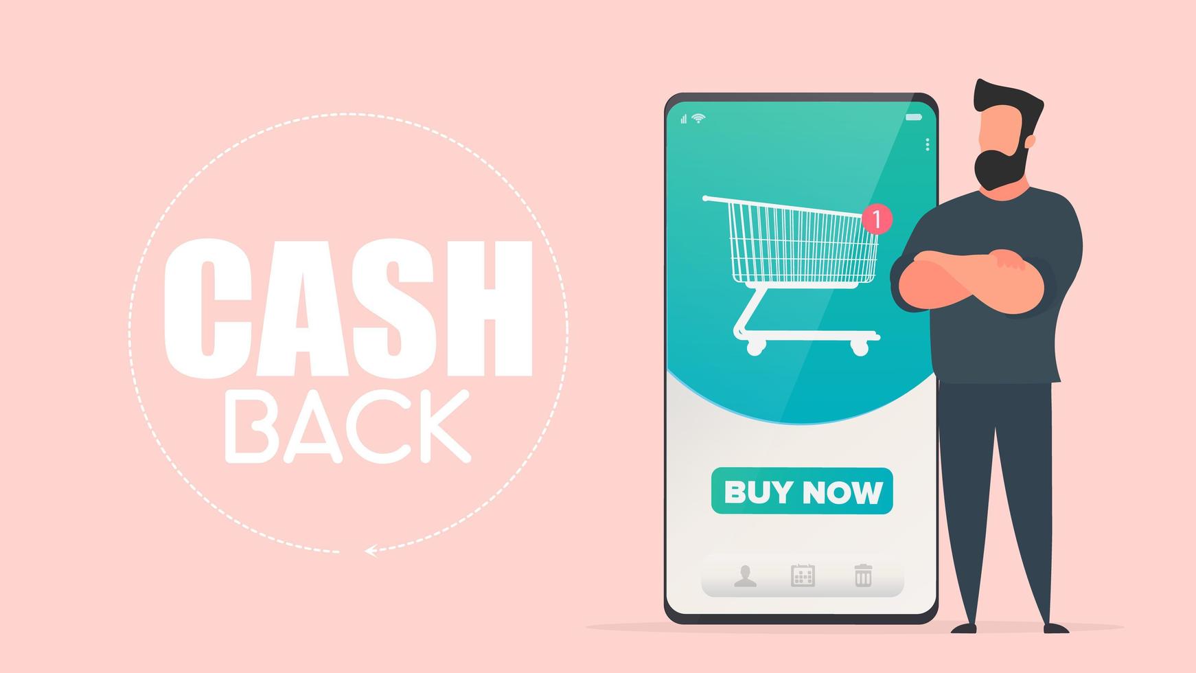 Cashback-Banner. Der Typ steht neben einem großen Smartphone. Telefon mit Online-Shop-Anwendung. Schaltfläche kaufen. Warenkorb, neue Bestellung. Online-Shopping und Zahlungskonzept. Vektor. vektor