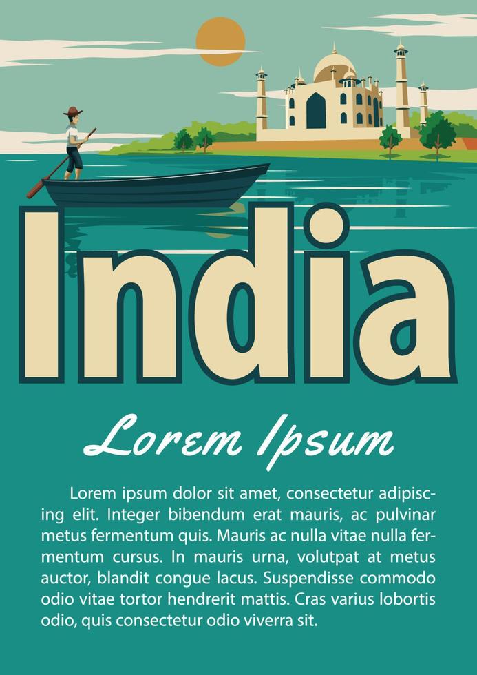 Indien-Wahrzeichen-Broschüre in Typografie-Vintage-Farbdesign, Werbegrafiken vektor
