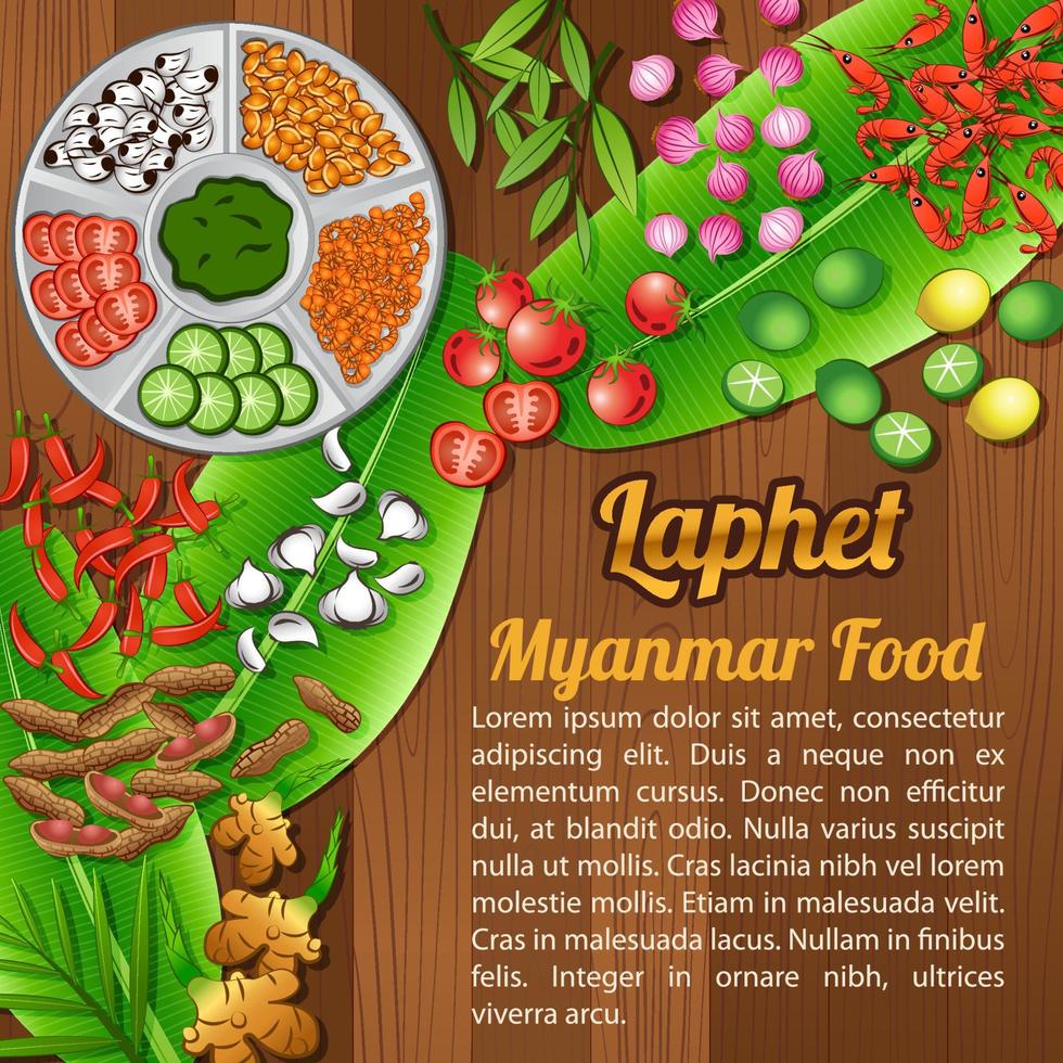 Elemente der Lebensmittelzutaten setzen Banner auf Holzhintergrund, myanmar vektor