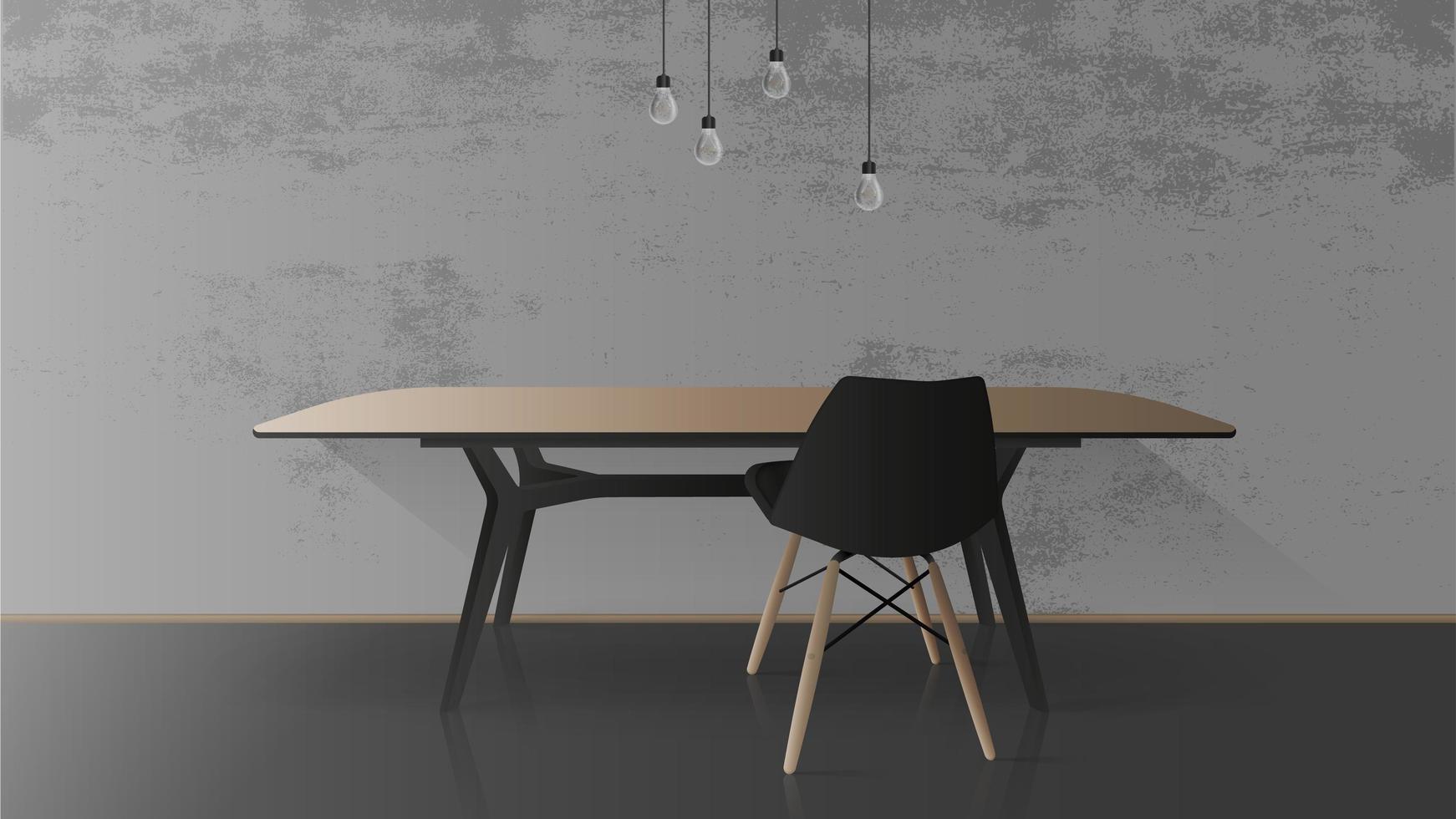 Holztisch mit schwarzem Metallgestell. schwarzer Stuhl. leerer tisch, graue betonwand. Vektor-Illustration vektor