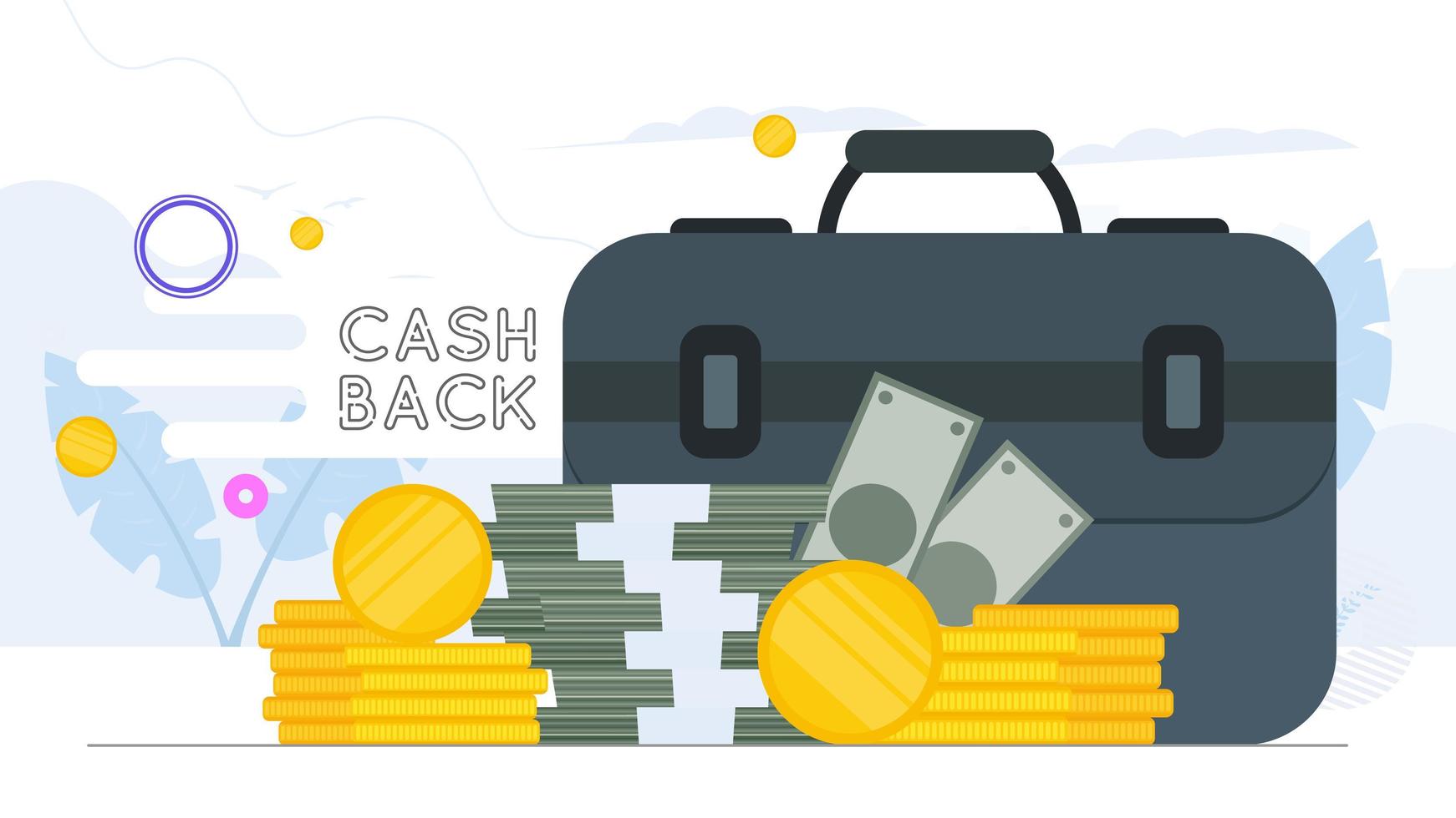 cashback koncept. stor resväska. dollar, buntar med pengar, guldmynt. konceptet framgångsrikt företagande, inkomster och förmögenhet. vektor. vektor
