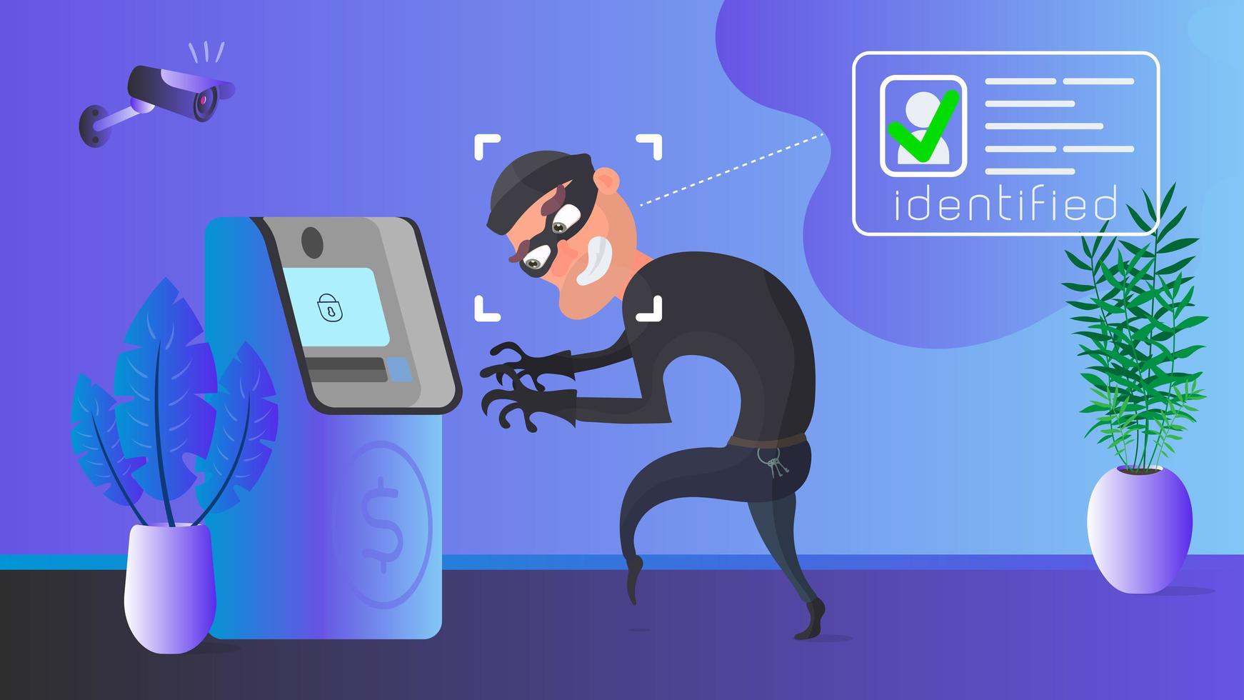 en tjuv rånar en bankomat. identifiering av maskerad rånare. säkerhetskoncept. vektor