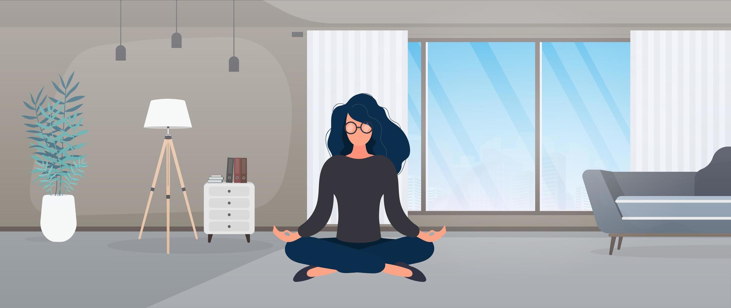 flickan mediterar i rummet. flicka gör yoga. vektor illustration.