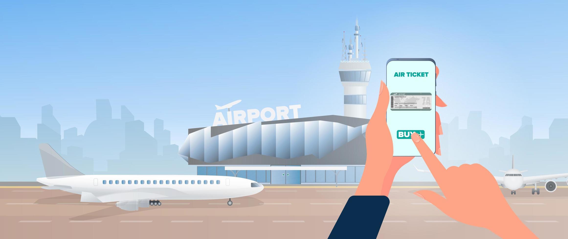 ein Ticket über ein Smartphone kaufen. Online-Ticketkauf. moderner Flughafen. Runway. Flugzeug auf der Landebahn. Flughafen im flachen Stil. Stadtsilhouette. Vektor-Illustration vektor