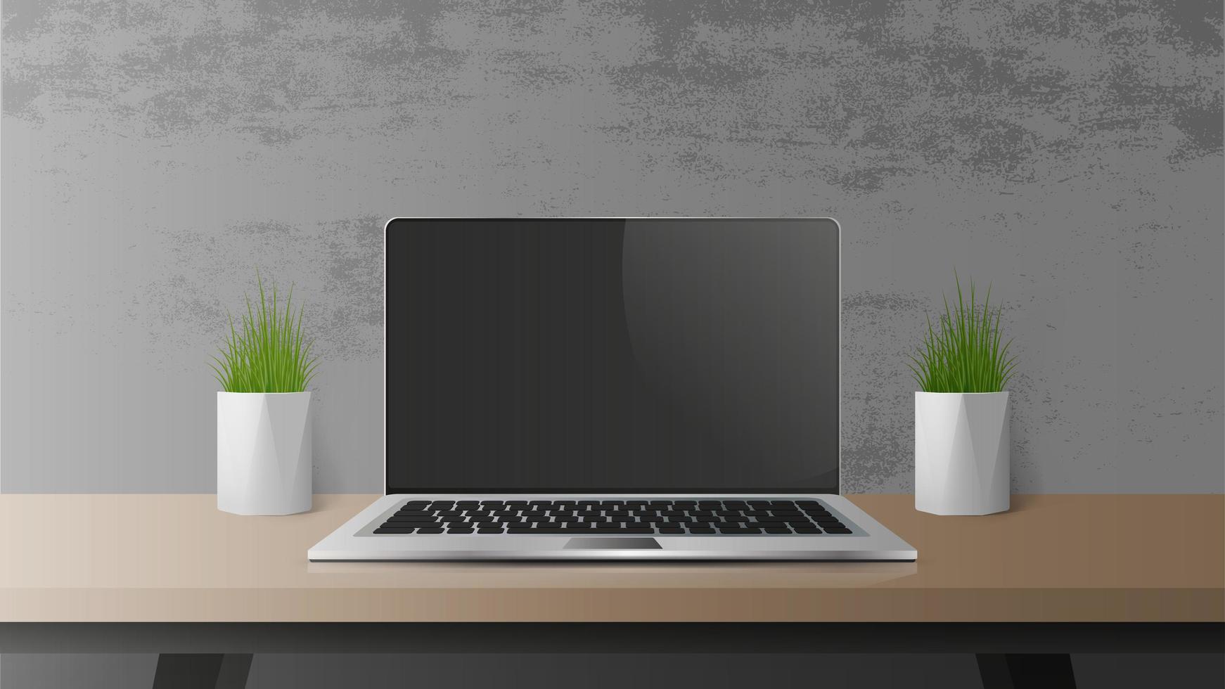 Laptop mit schwarzem Bildschirm öffnen. moderner Laptop auf einem Holztisch. Tisch, Desktop-Grünpflanzen, ein Arbeitsplatz im Loft-Stil. realistische Vektorillustration. vektor