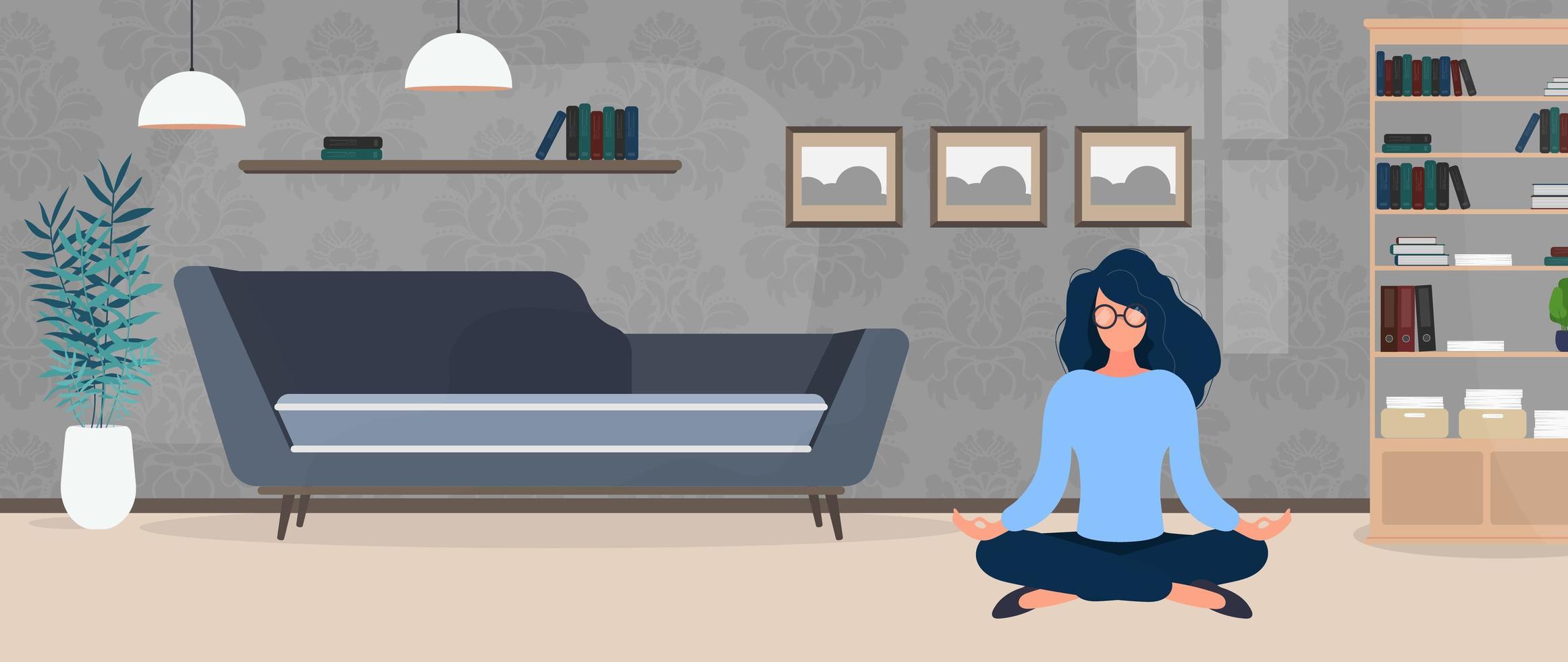 Das Mädchen meditiert im Büro. das Mädchen praktiziert Yoga. Zimmer, Büro, Stehlampe, Raumwachstum, Tisch mit Laptop, Arbeitsplatz. Vektor-Illustration vektor