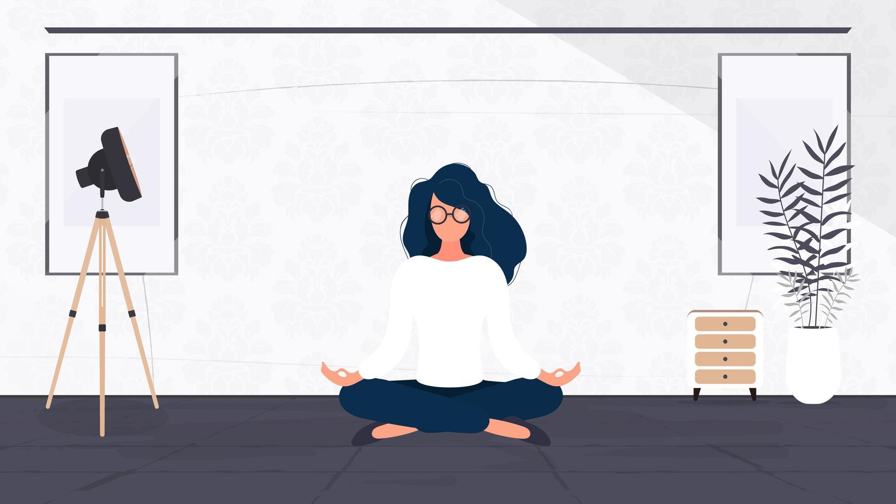 flickan mediterar i rummet. kvinna utövar yoga på kontoret. sport och hälsosam livsstil koncept. vektor. vektor