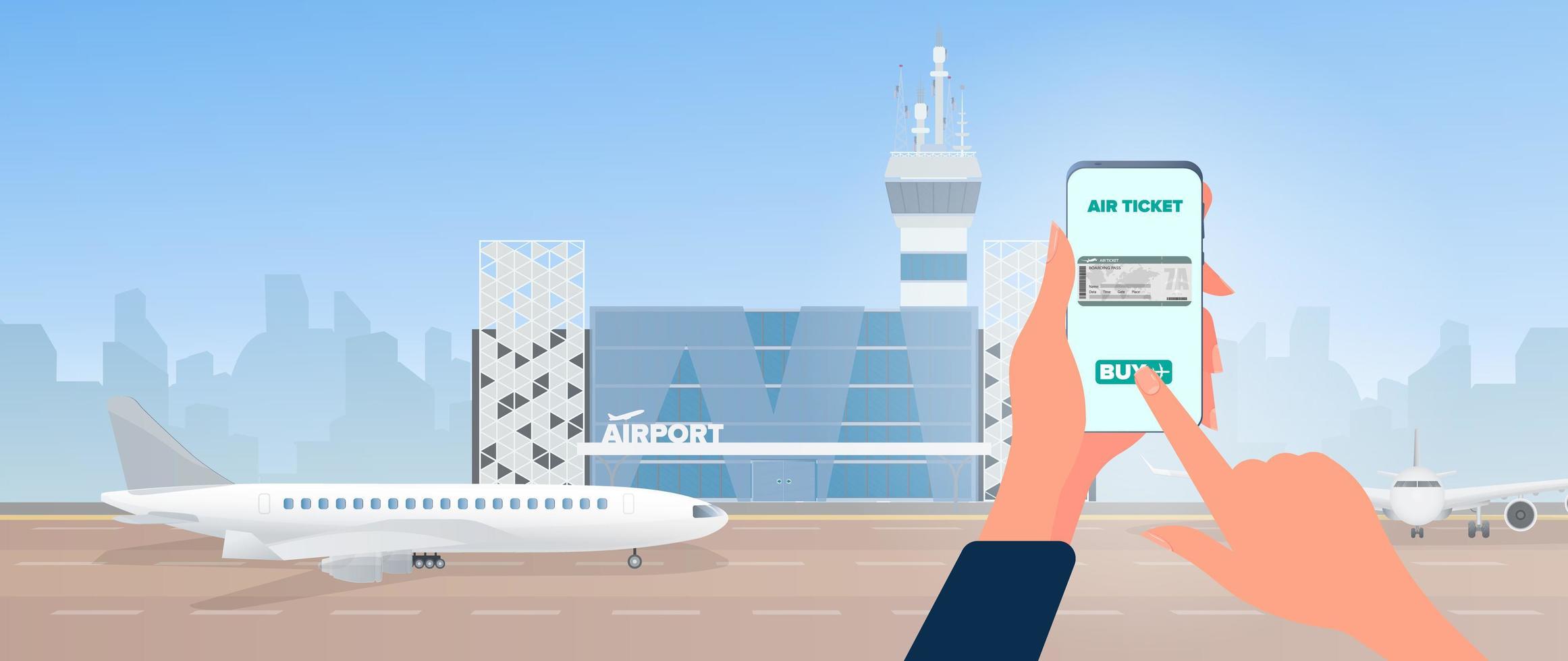 ein Ticket über ein Smartphone kaufen. Online-Ticketkauf. moderner Flughafen. Runway. Flugzeug auf der Landebahn. Flughafen im flachen Stil. Stadtsilhouette. Vektor-Illustration vektor