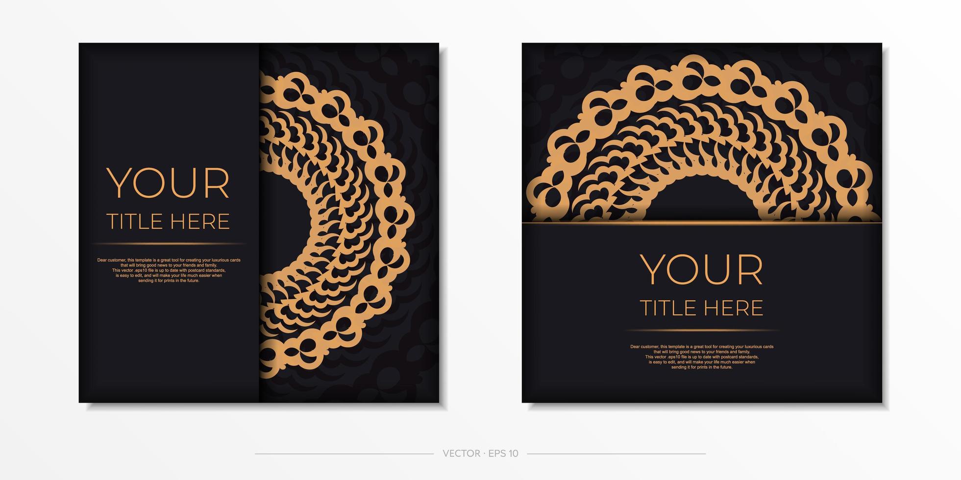 mörkt svart guld vykortsmall med vit abstrakt prydnad. eleganta och klassiska element redo för tryck och typografi. vektor illustration.