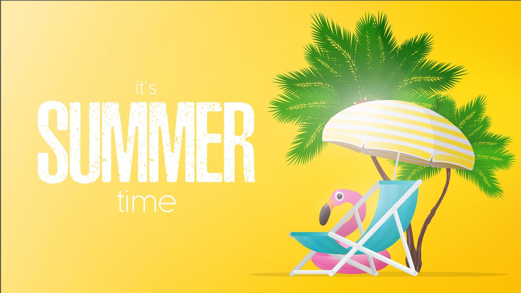 gul banner sommartid. solstol och parasoll med gula ränder isolerad på vit bakgrund. palmer och rosa flamingo simcirkel. vektor illustration