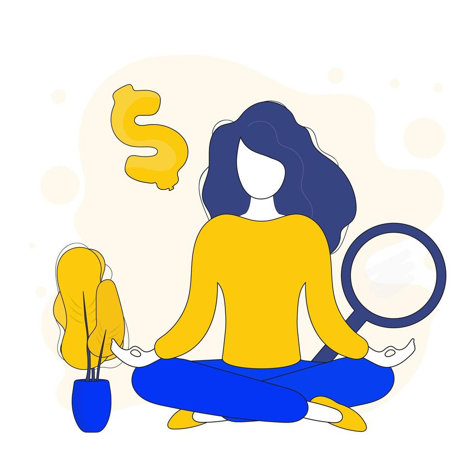 Das Mädchen meditiert. die Frau beschäftigt sich mit Yoga. Symbol für Präsentation, Postkarten und Anwendungen. gelbe und blaue Farbe. vetkor. vektor