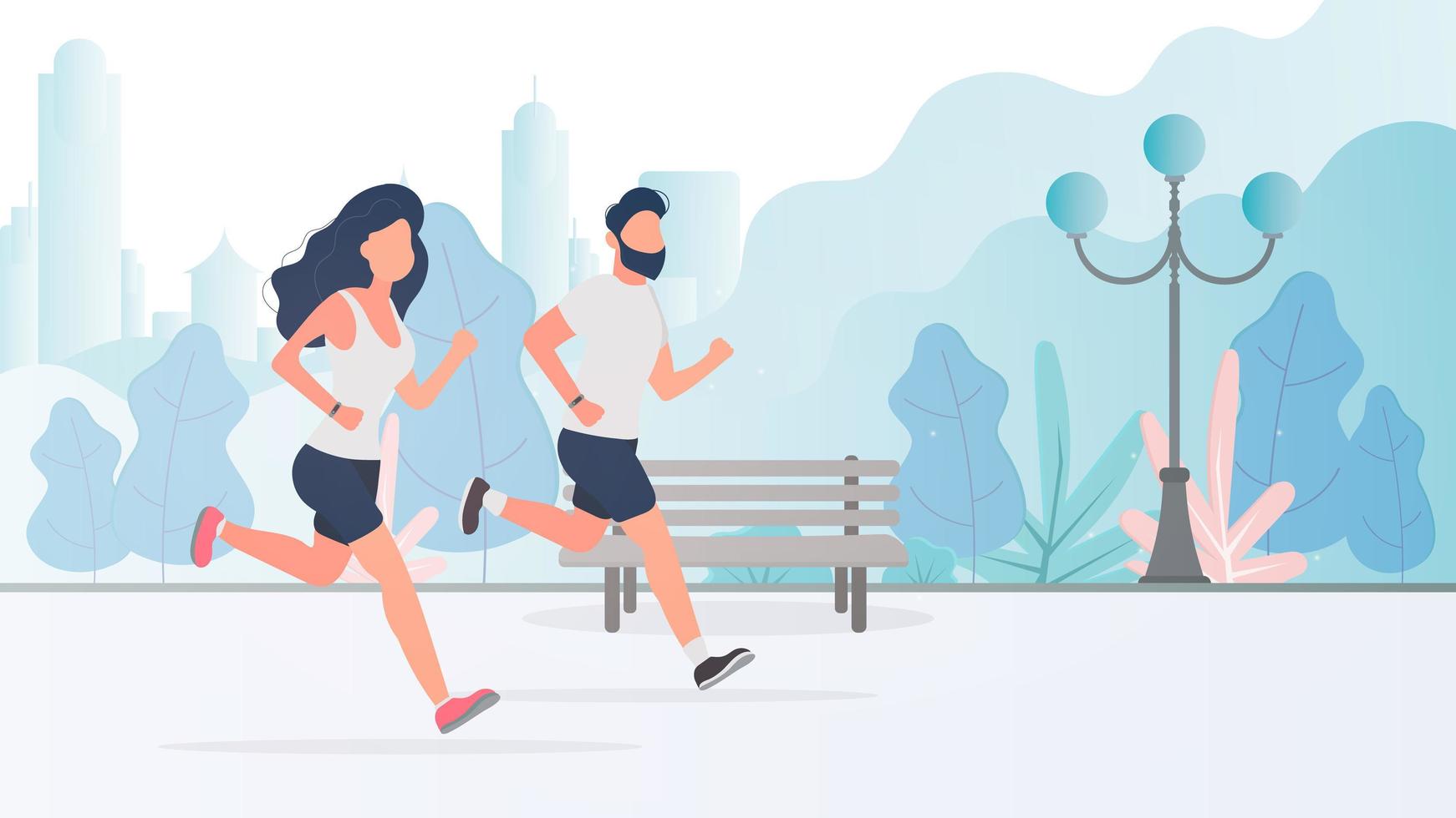 ein Mann und ein Mädchen laufen durch den Park. Morgenlauf. das konzept von sport und gesundem lebensstil. Vektor. vektor
