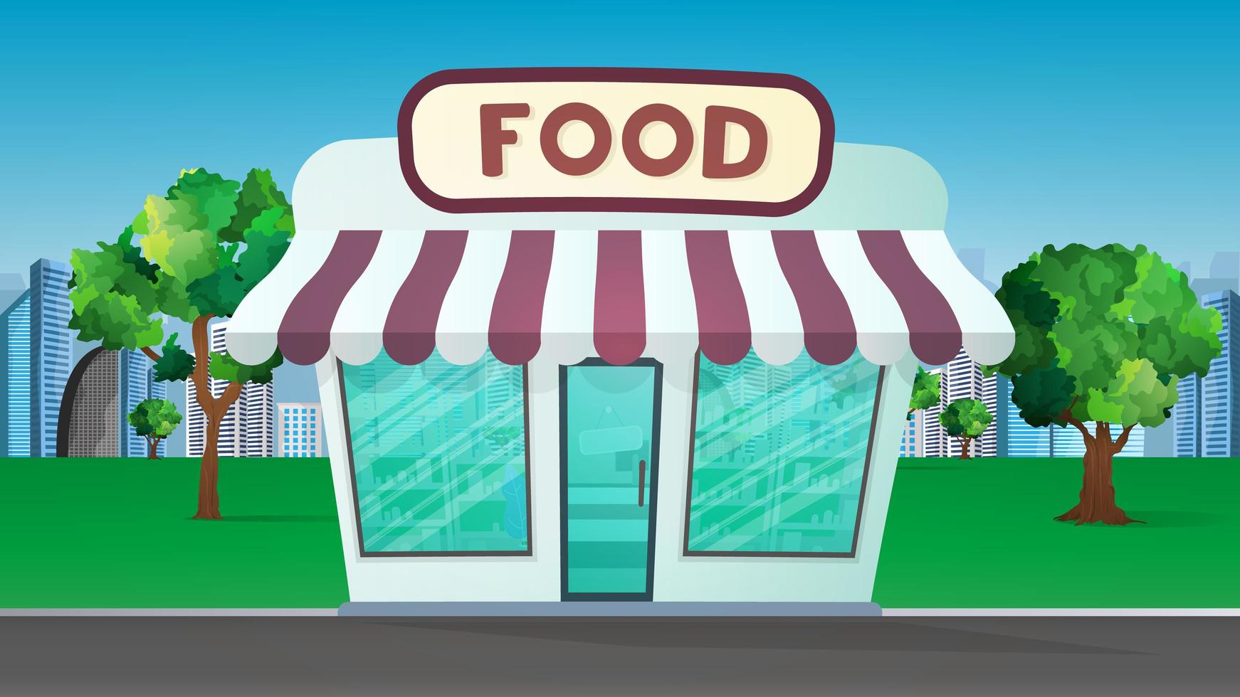livsmedelsbutik i mitten av parken. park, livsmedelsbutik, platt stil. vektor illustration