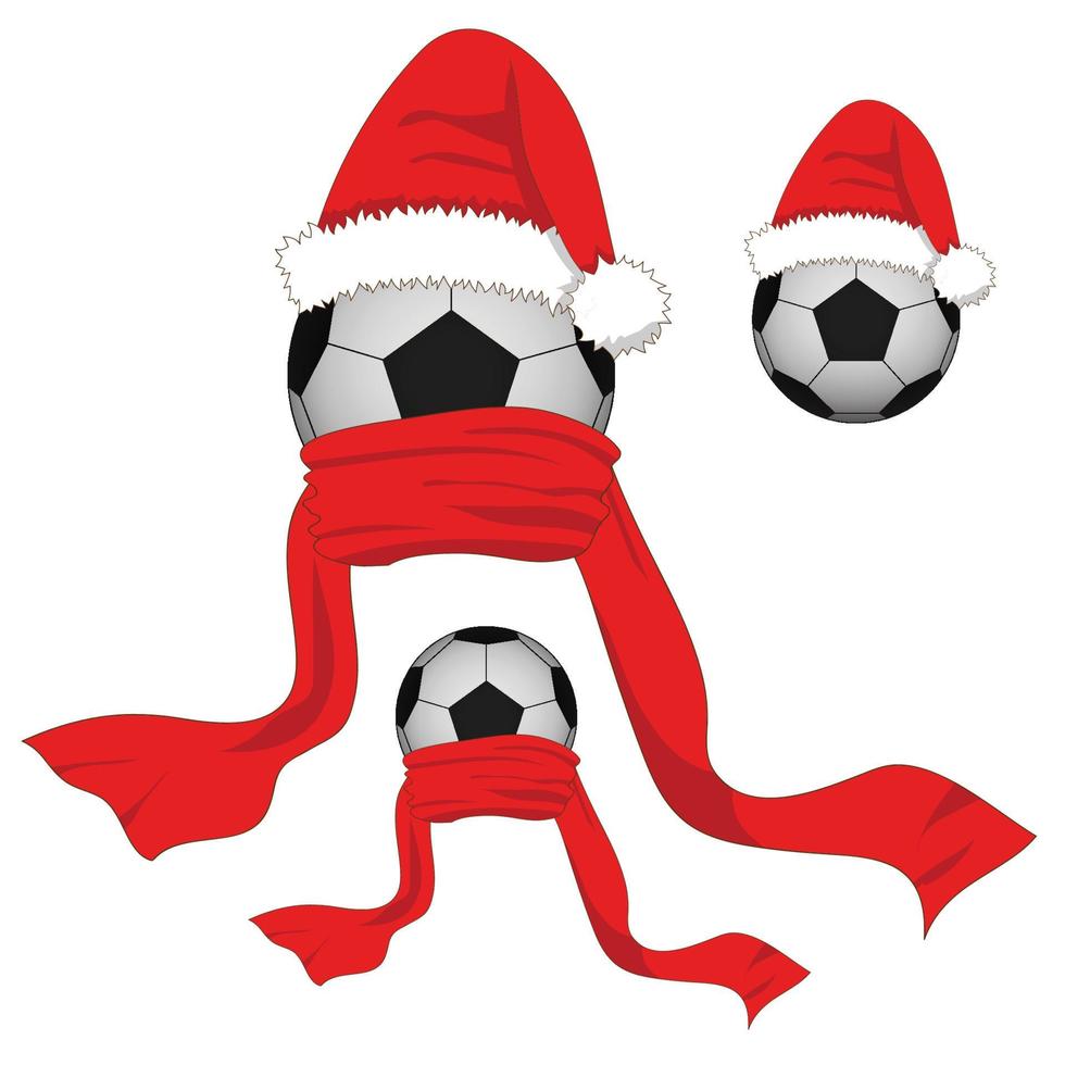 Fußball. Fußballball mit Weihnachtsmütze und rotem Schal. Weihnachtstag. vektor