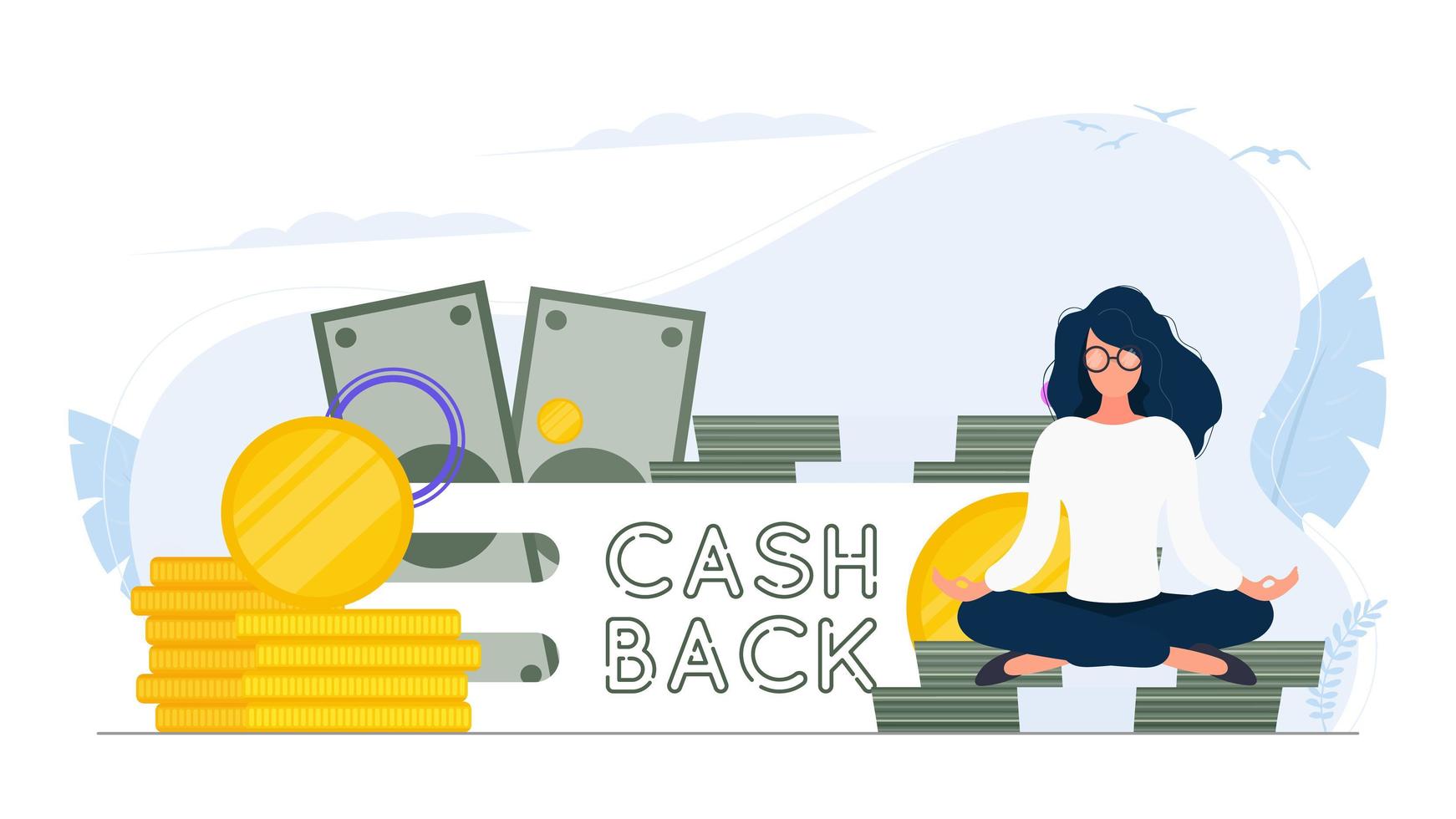 cashback banner. en flicka i lotusställning sitter på ett berg av guldmynt. cashback bokstäver. guldmynt. sammansättning på temat pengarna tillbaka och cashback. vektor. vektor