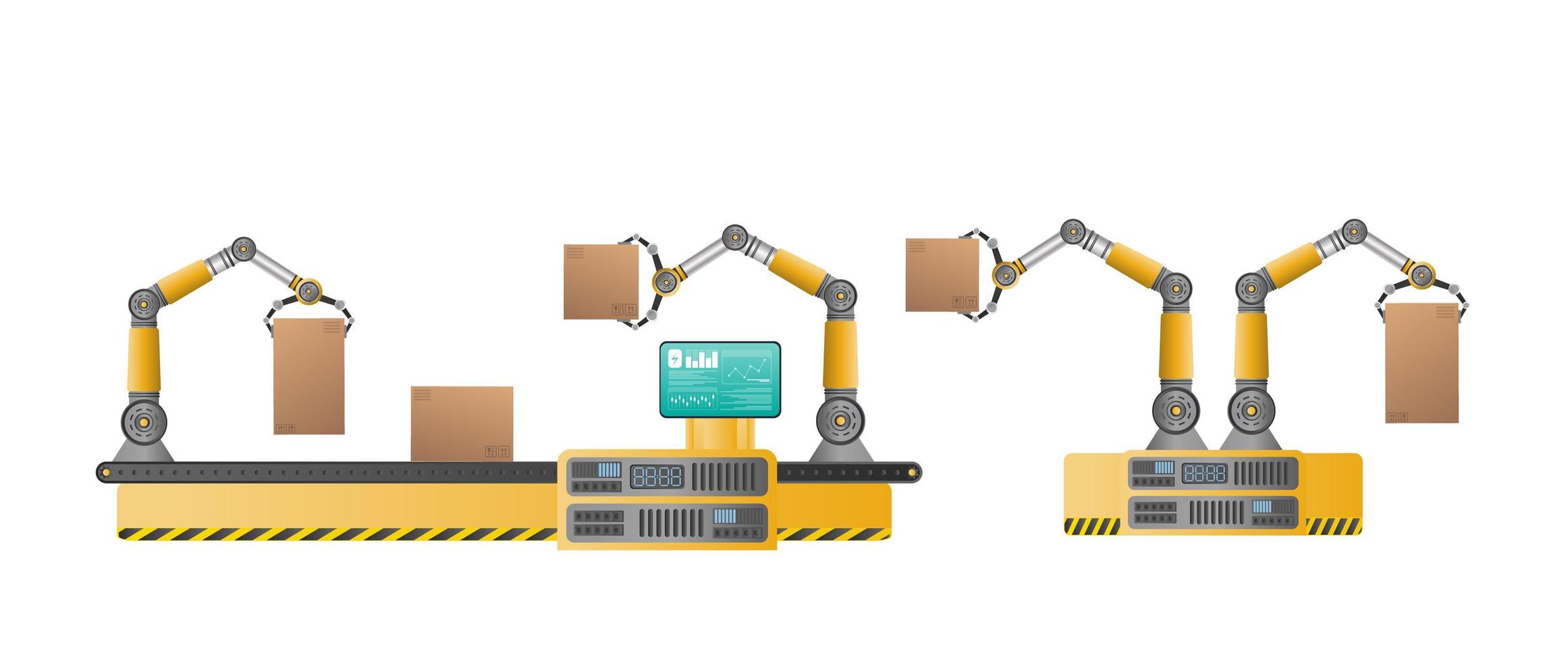 automatische Förderlinie mit Roboterarmen. Automatische Operation. industrieller Roboterarm mit Kästen. moderne Industrietechnik. Geräte für produzierende Unternehmen. vektor