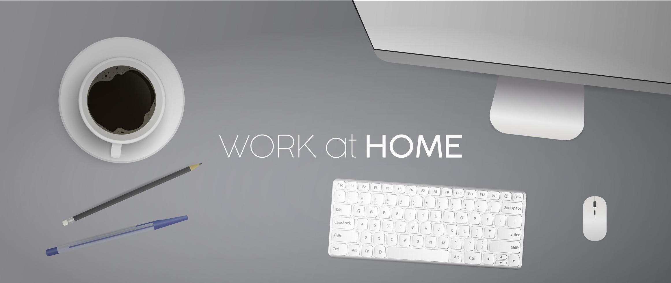 Arbeit zu Hause-Banner. flache Lage, Draufsicht Schreibtisch mit Computer. Kaffee, Bleistift, Stift, Tastatur, Computermaus, Monitor. realistische Vektorillustration. vektor