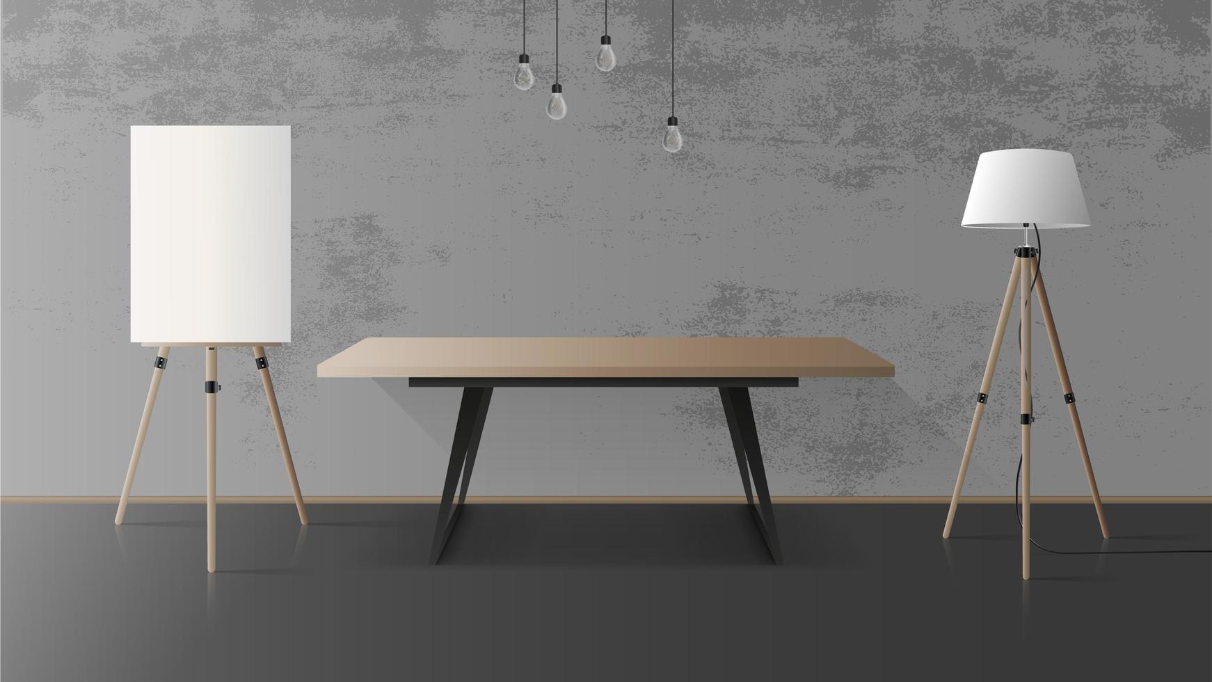 Holztisch mit schwarzem Metallgestell. leerer Tisch, hölzerne Staffelei, Stehlampe, grau, Betonwand. Vektor-Illustration vektor