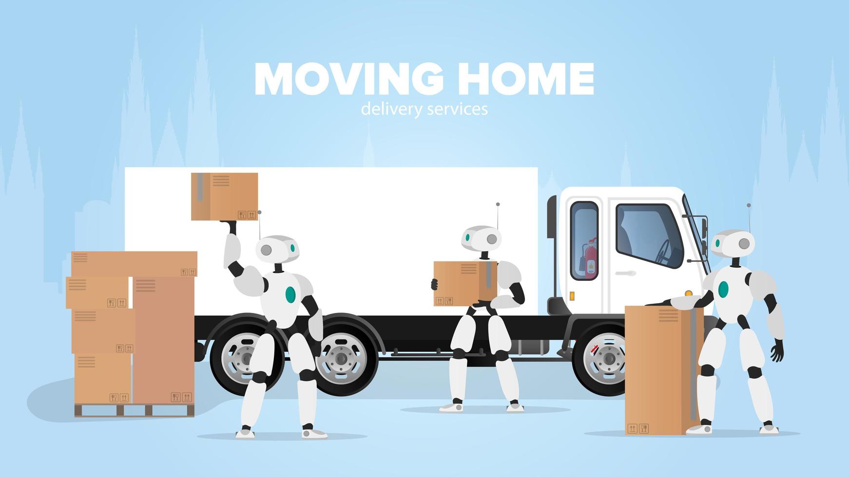 flytta hem banner. flytta till en ny plats. en vit robot håller en låda. kartonger. framtidens koncept, leverans och lastning av varor med hjälp av robotar. vektor. vektor