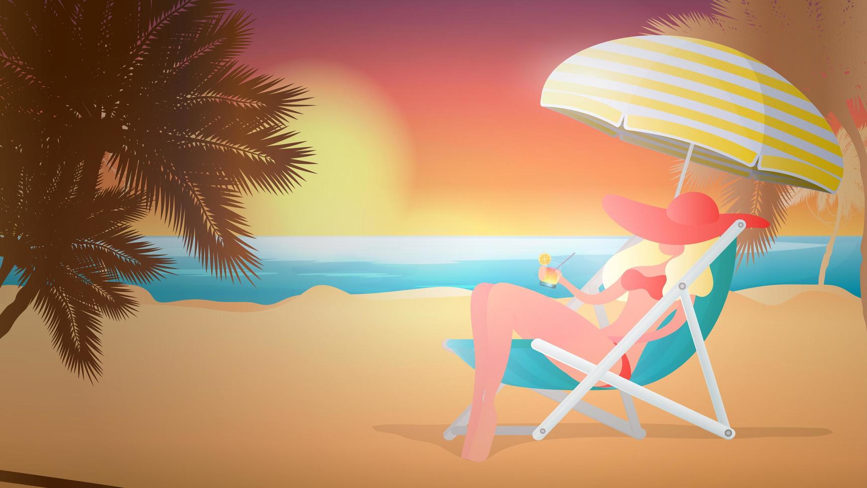 flicka i en baddräkt vilar på stranden. solnedgång, palmer, cocktail, solstol, parasoll. vektor illustration.