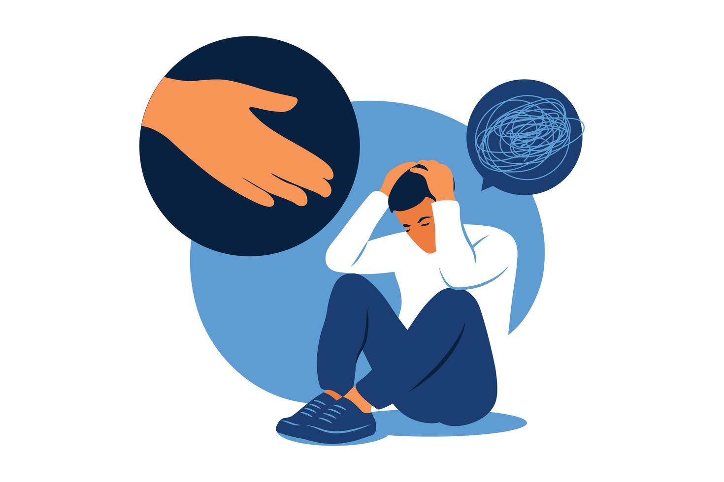 begreppet psykisk störning, sorg och ångest. mänsklig hand hjälper. ledsen ensam man i depression. vektor illustration. platt.
