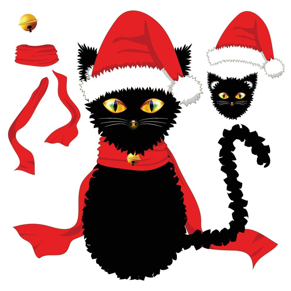 svart katt med gula ögon. tomtemössa, rött bandscarf och gyllene jingle bell ball. juldagen. vektor