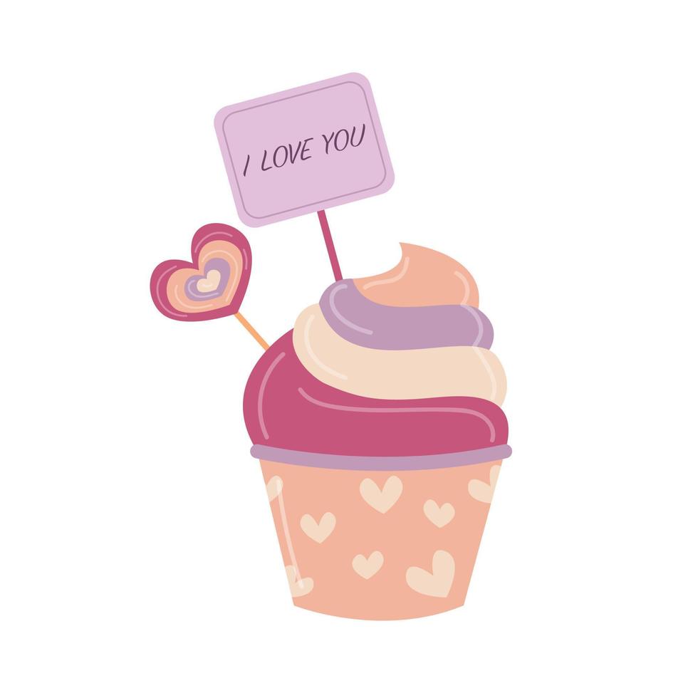 alla hjärtans dag cupcake isolerade. söt dessert designelement med klubba och alla hjärtans kort ii älskar dig. vektor illustration