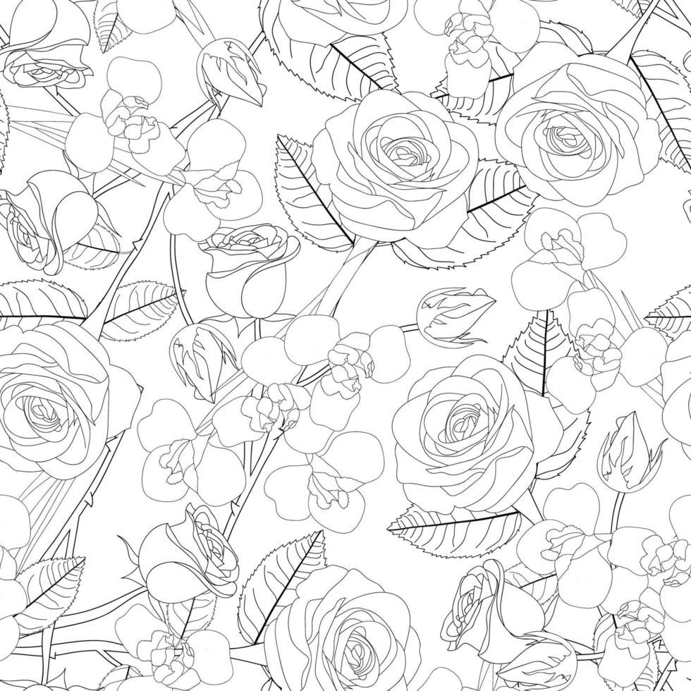 Rosen- und Irisblumenumriss auf weißem Hintergrund vektor