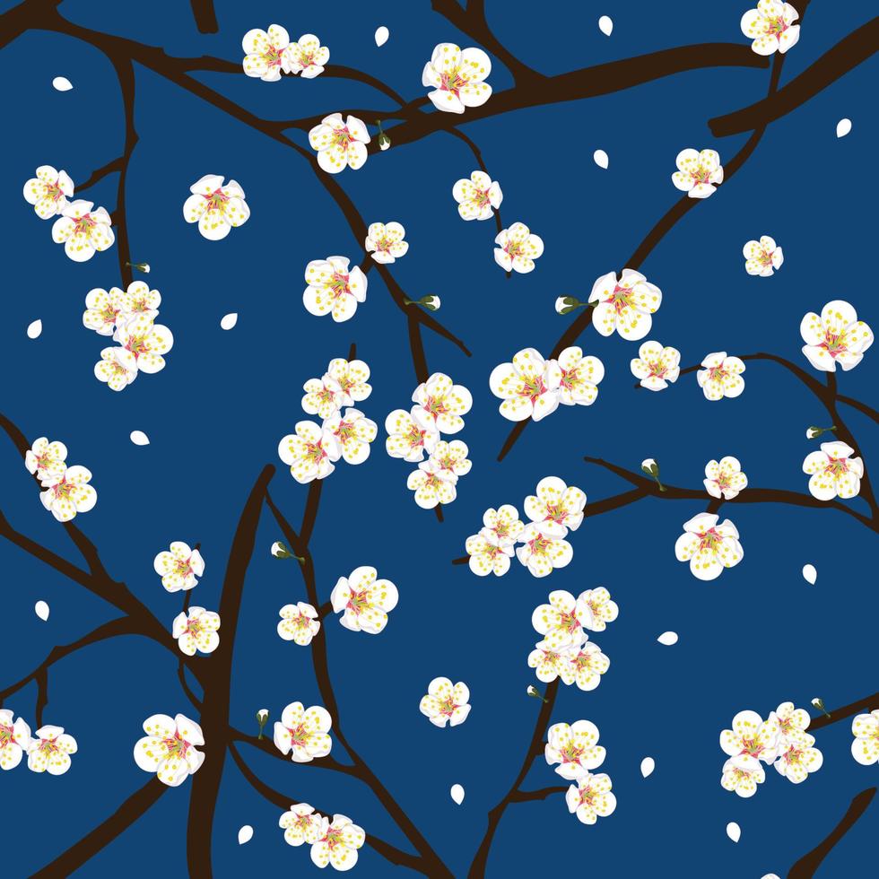 vit plommonblomma blomma på indigo blå bakgrund. vektor illustration