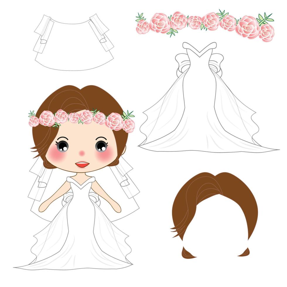 brud vit brudklänning kostym, slöja, krona rosa ros blomma, diadem. huvudkrans. vektor