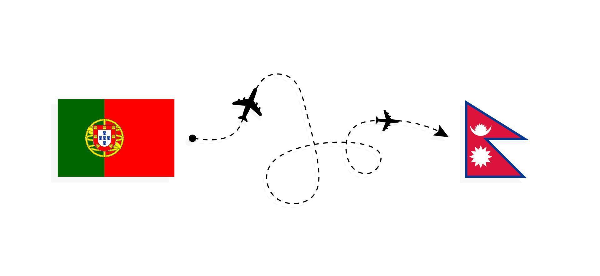 flyg och resor från portugal till nepal med passagerarflygplan resekoncept vektor