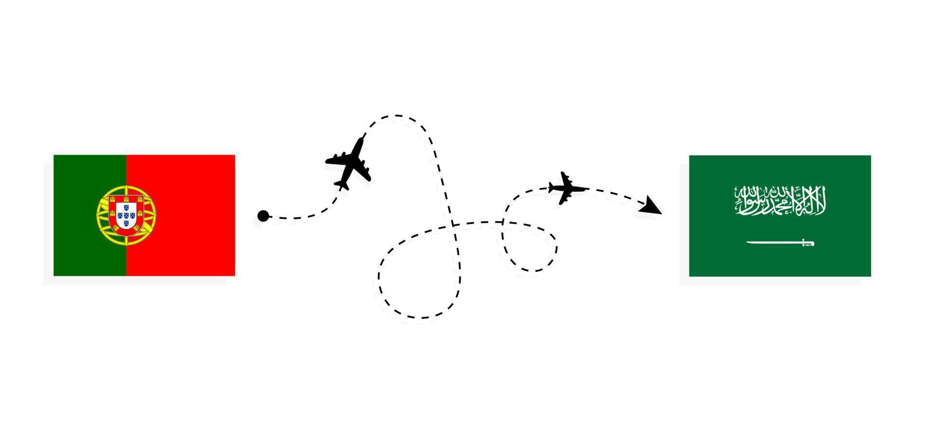 Flug und Reise von Portugal nach Saudi-Arabien mit dem Reisekonzept für Passagierflugzeuge vektor