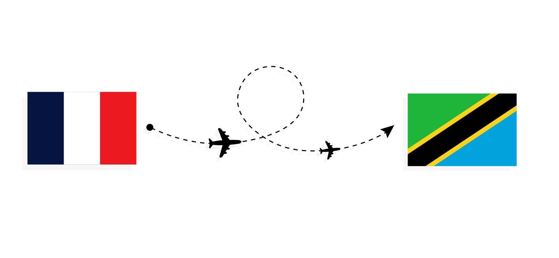 Flug und Reise von Frankreich nach Tansania mit dem Reisekonzept des Passagierflugzeugs vektor