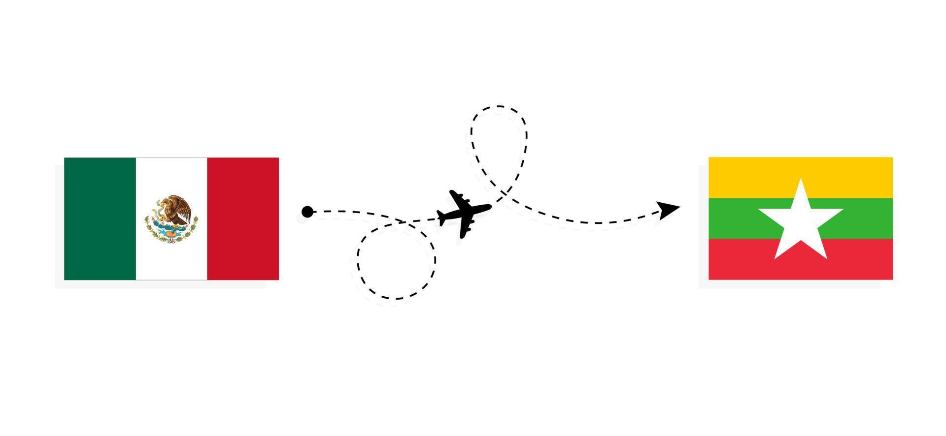 Flug und Reise von Mexiko nach Myanmar mit dem Reisekonzept für Passagierflugzeuge vektor